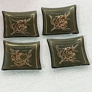 Black Glass Tea Bag Holder Gold Roses Individual Dishes Trinket Tray